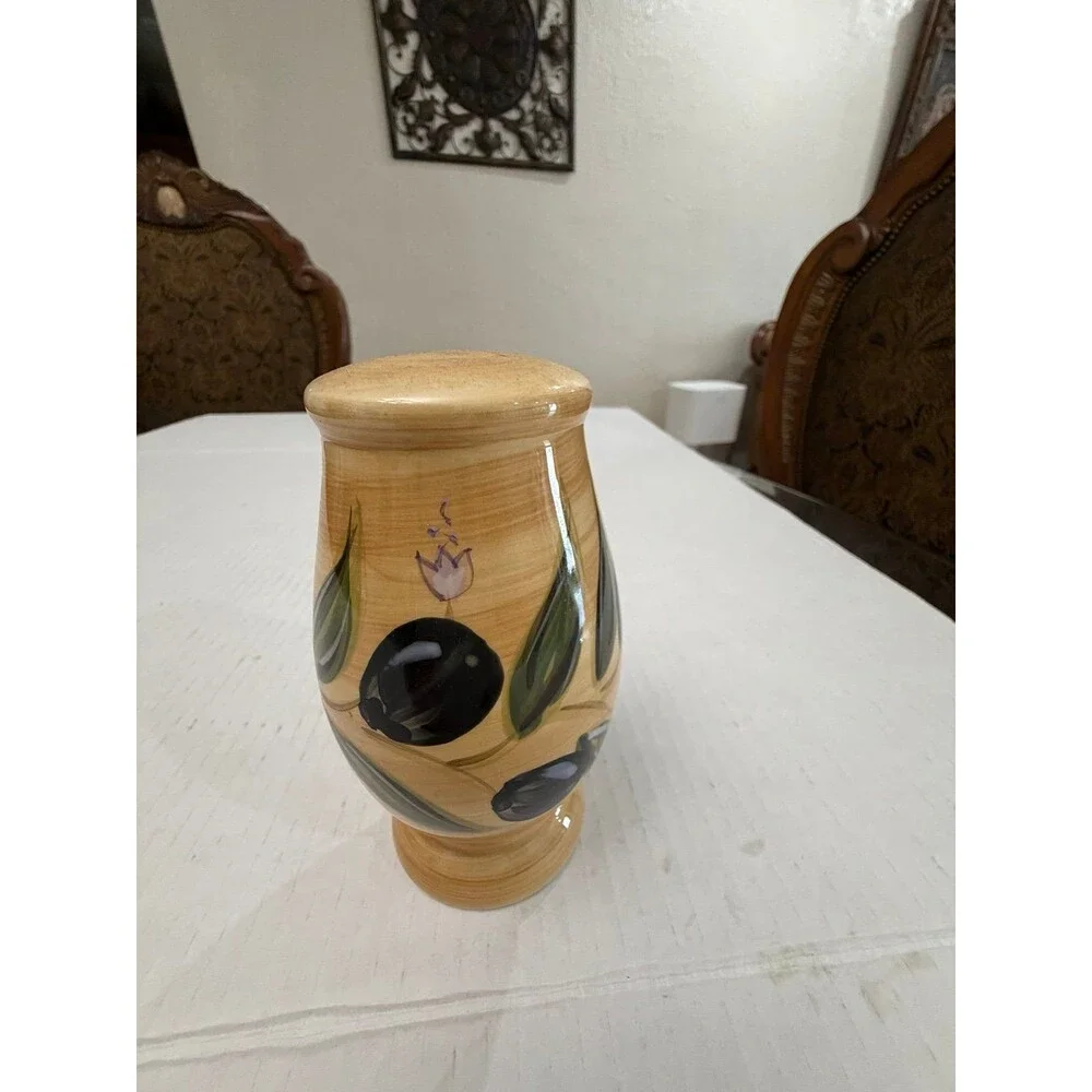 Hand Painted Olive Ceramic Salt or Pepper Shaker Beige Green Glossy Vase China